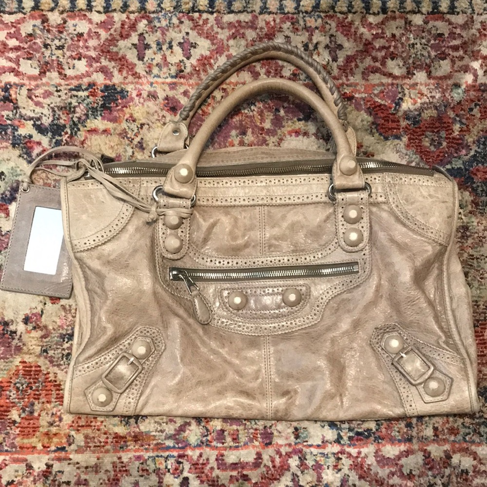 Vintage Y2K Moto Work Style Oatmeal Beige Taupe Leather Handbag Purse Unbranded